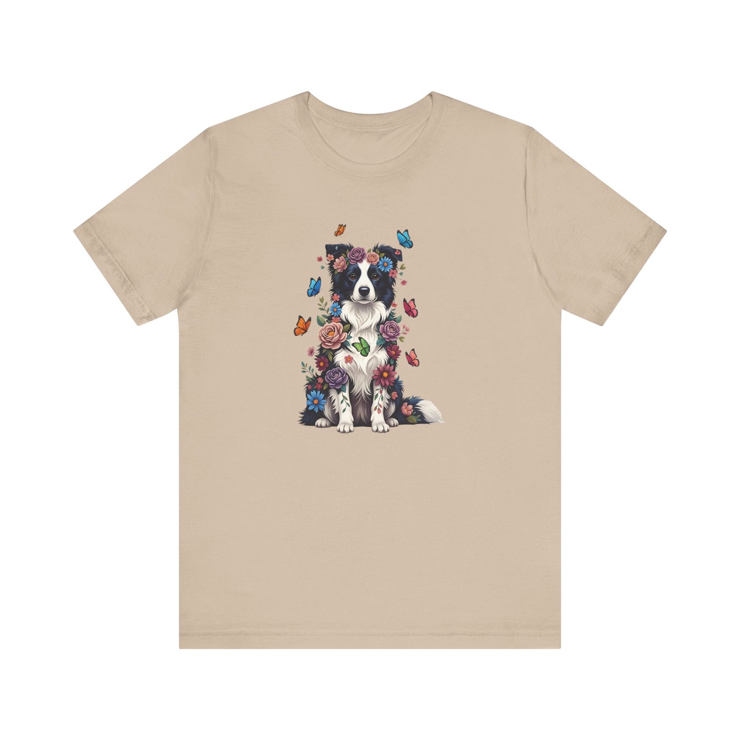 Whimsical Floral Border Collie Tee – Colorful Dog Lover Shirt with Butterflies