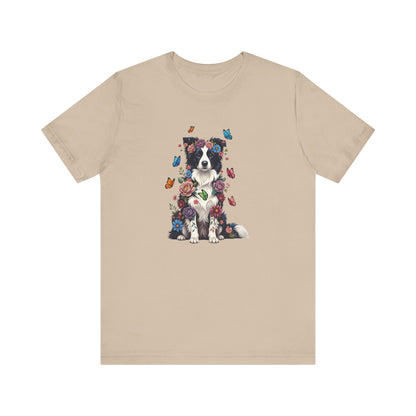 Whimsical Floral Border Collie Tee – Colorful Dog Lover Shirt with Butterflies