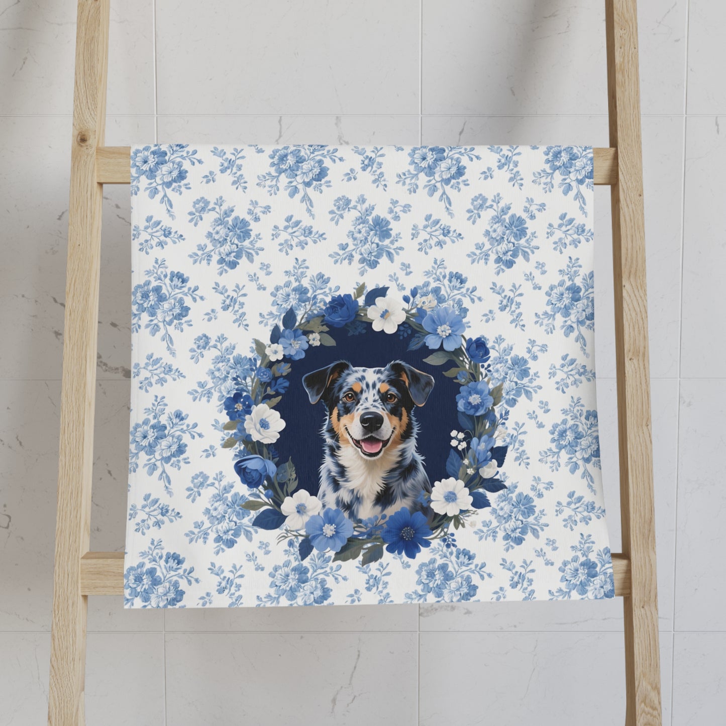Blue Floral Australian Cattle Dog Portrait Hand Towel – Cute Pet Bathroom Accessory
