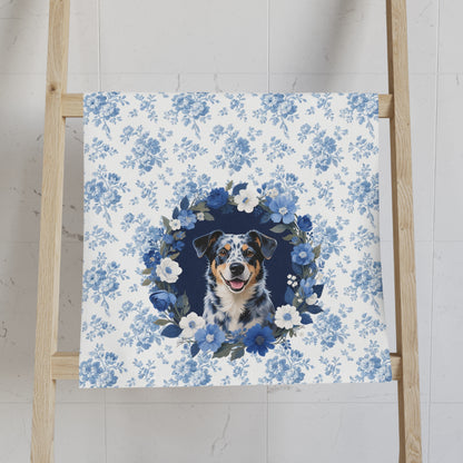 Blue Floral Australian Cattle Dog Portrait Hand Towel – Cute Pet Bathroom Accessory