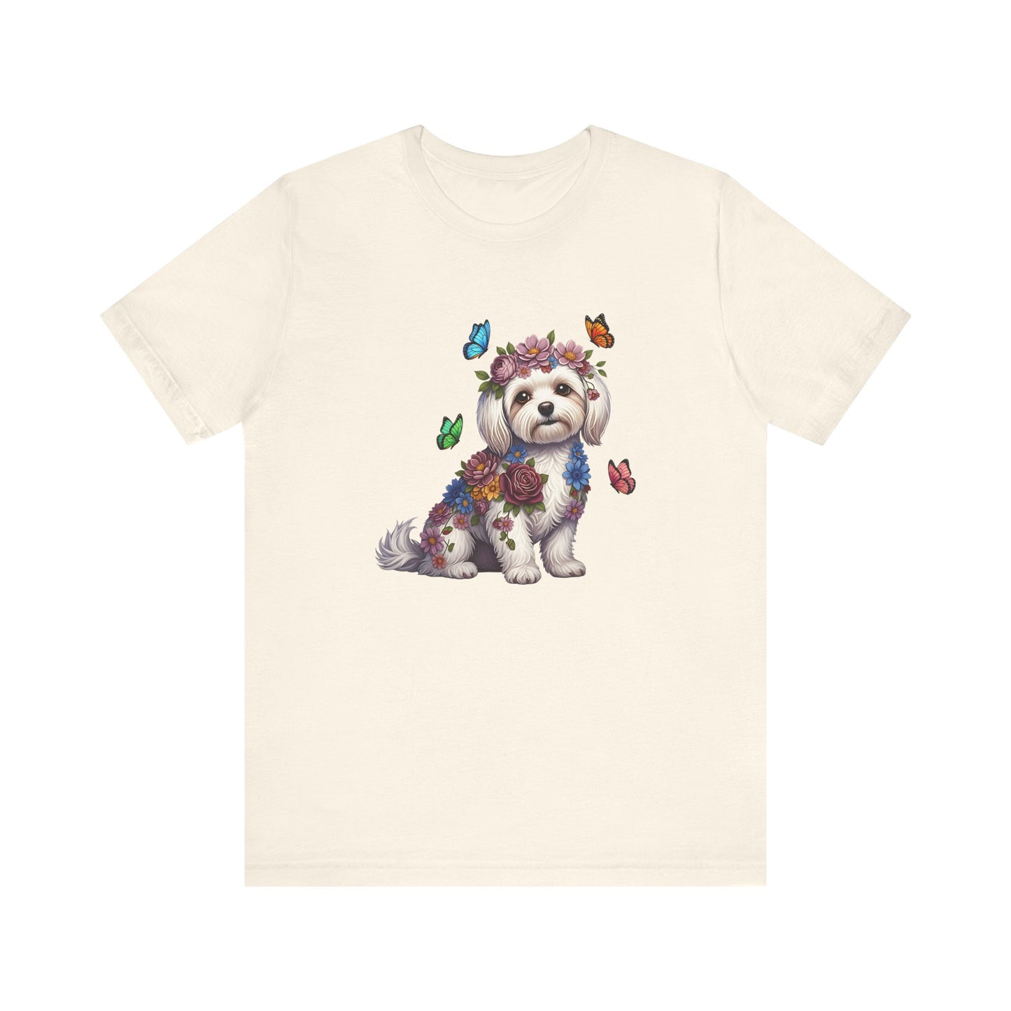 Whimsical Floral Maltese Tee – Colorful Dog Lover Shirt with Butterflies