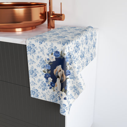 Blue Floral Shih Tzu Dog Portrait Hand Towel – Cute Pet Bathroom Accessory