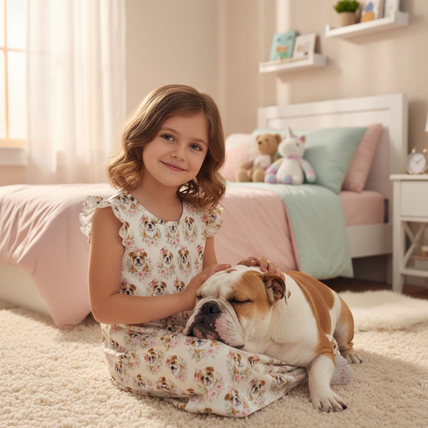 English Bulldog Girl's Flutter Sleeve Nightgown