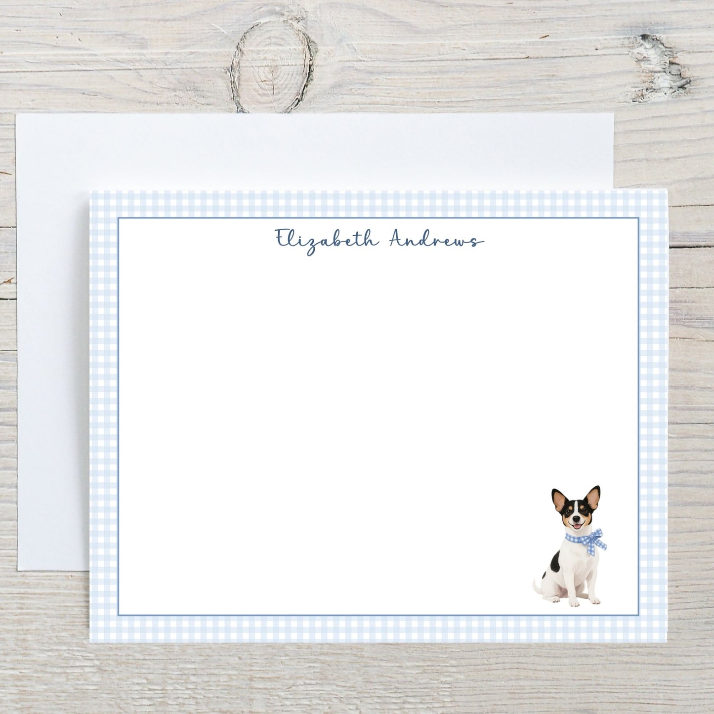 Rat Terrier Dog Blue Gingham Personalized Notecard Set