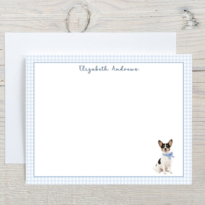 Rat Terrier Dog Blue Gingham Personalized Notecard Set