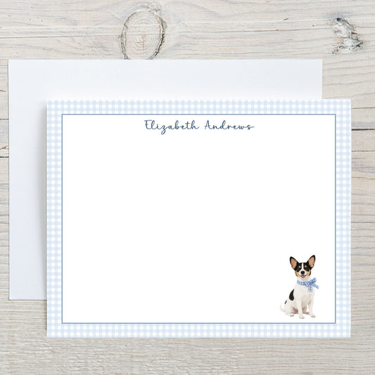 Rat Terrier Dog Blue Gingham Personalized Notecard Set