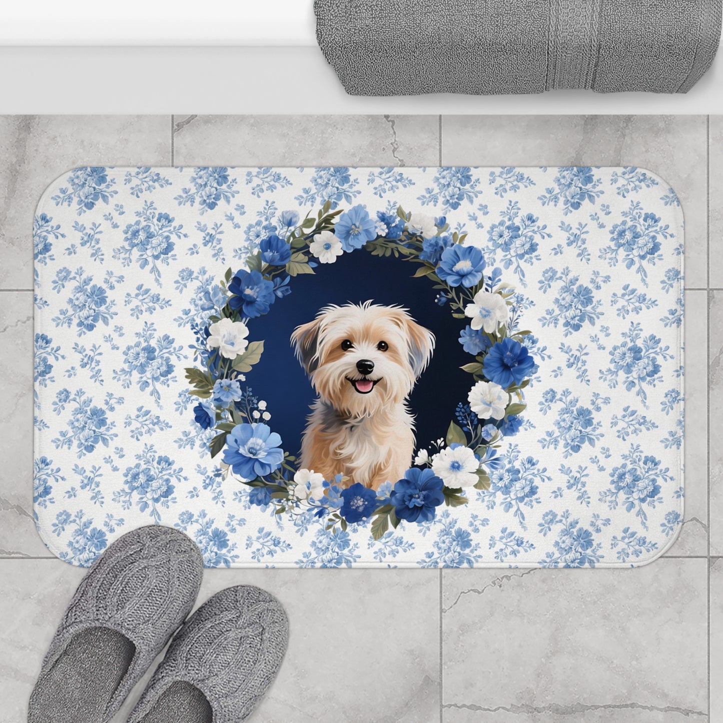 Blue Floral Havanese Bath Mat – Cute Havanese Dog Bathroom Rug