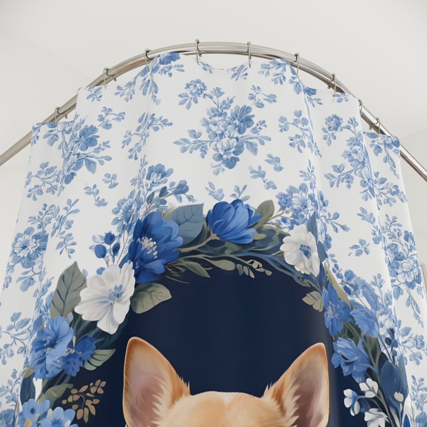 Chihuahua Dog Blue Floral Shower Curtain – Dog Portrait Bath Decor