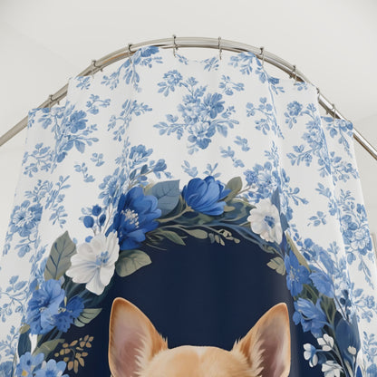 Chihuahua Dog Blue Floral Shower Curtain – Dog Portrait Bath Decor