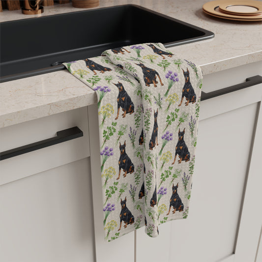 Doberman Pinscher Dog & Herbs Tea Towel - Floral Dog Kitchen Towel
