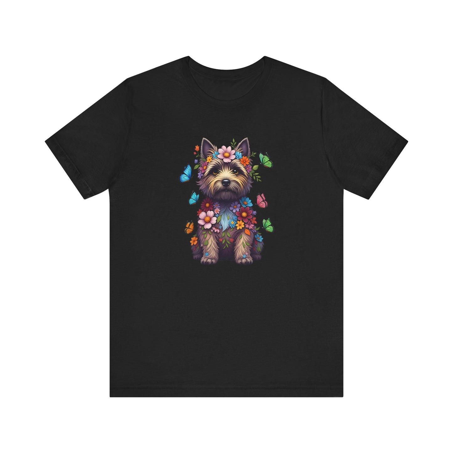 Whimsical Floral Cairn Terrier Tee – Colorful Dog Lover Shirt with Butterflies
