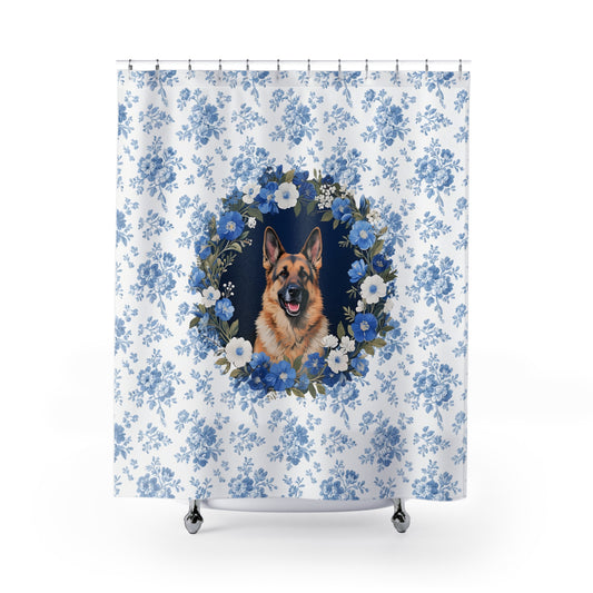 German Shepherd Dog Blue Floral Shower Curtain – Dog Portrait Bath Decor