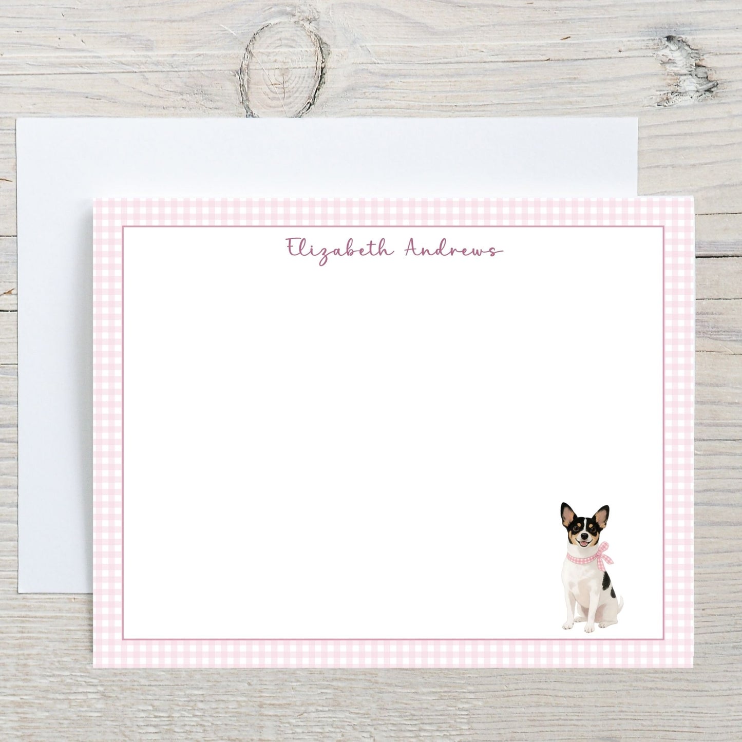 Rat Terrier Dog Pink Gingham Personalized Notecard Set