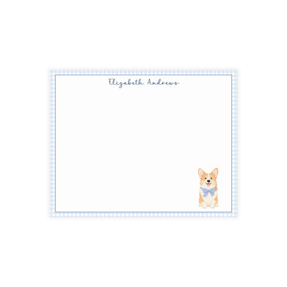 Corgi Dog Blue Gingham Personalized Notecard Set