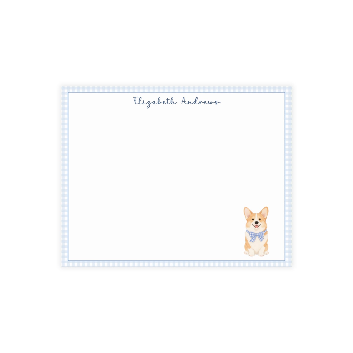 Corgi Dog Blue Gingham Personalized Notecard Set