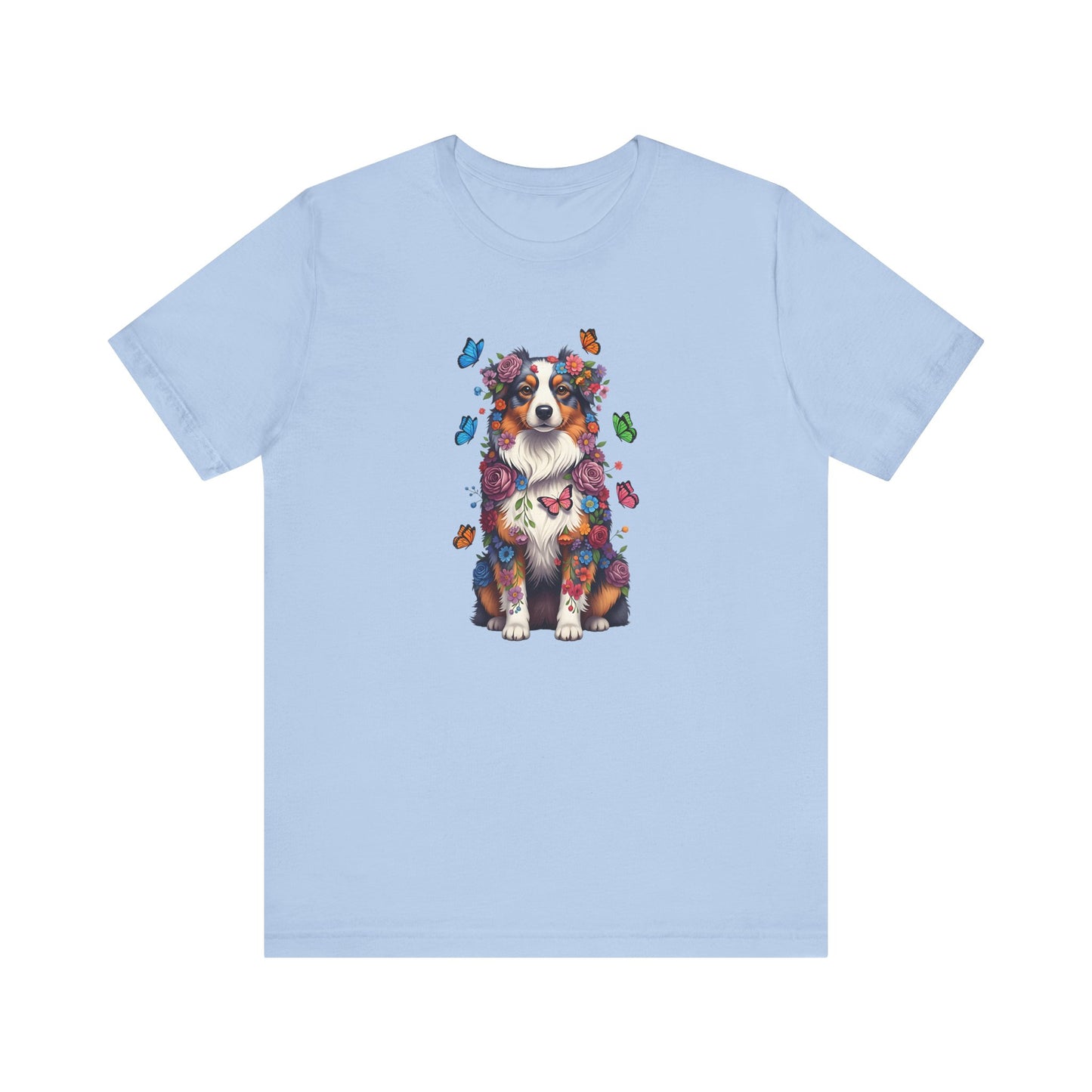 Whimsical Floral Australian Shepherd Tee – Colorful Dog Lover Shirt with Butterflies