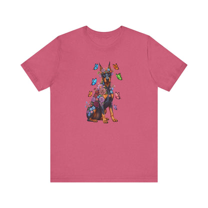 Whimsical Floral Doberman Pinscher Tee – Colorful Dog Lover Shirt with Butterflies