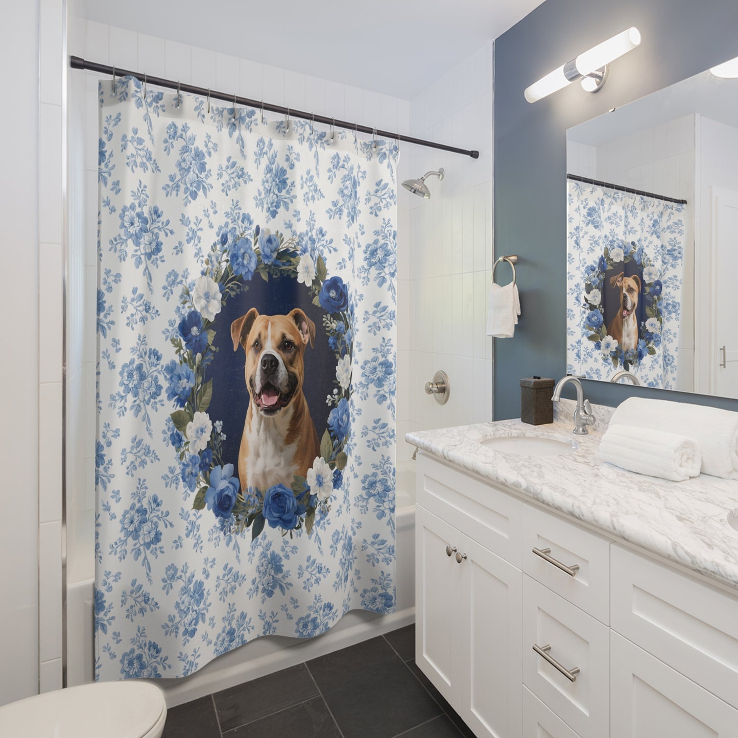 Pitbull Dog Blue Floral Shower Curtain – Dog Portrait Bath Decor