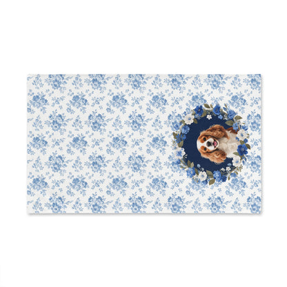 Blue Floral Cavalier King Charles Spaniel Dog Portrait Hand Towel – Cute Pet Bathroom Accessory