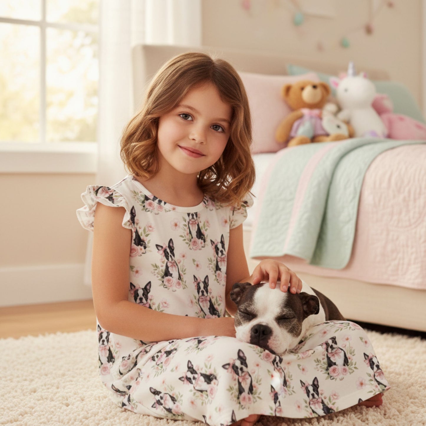 Boston Terrier Girl's Flutter Sleeve Nightgown