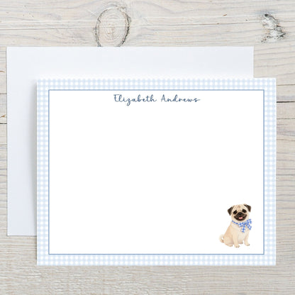 Pug Dog Blue Gingham Personalized Notecard Set