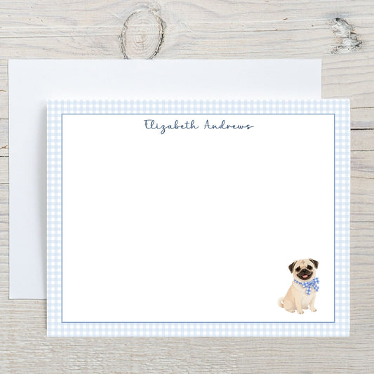 Pug Dog Blue Gingham Personalized Notecard Set