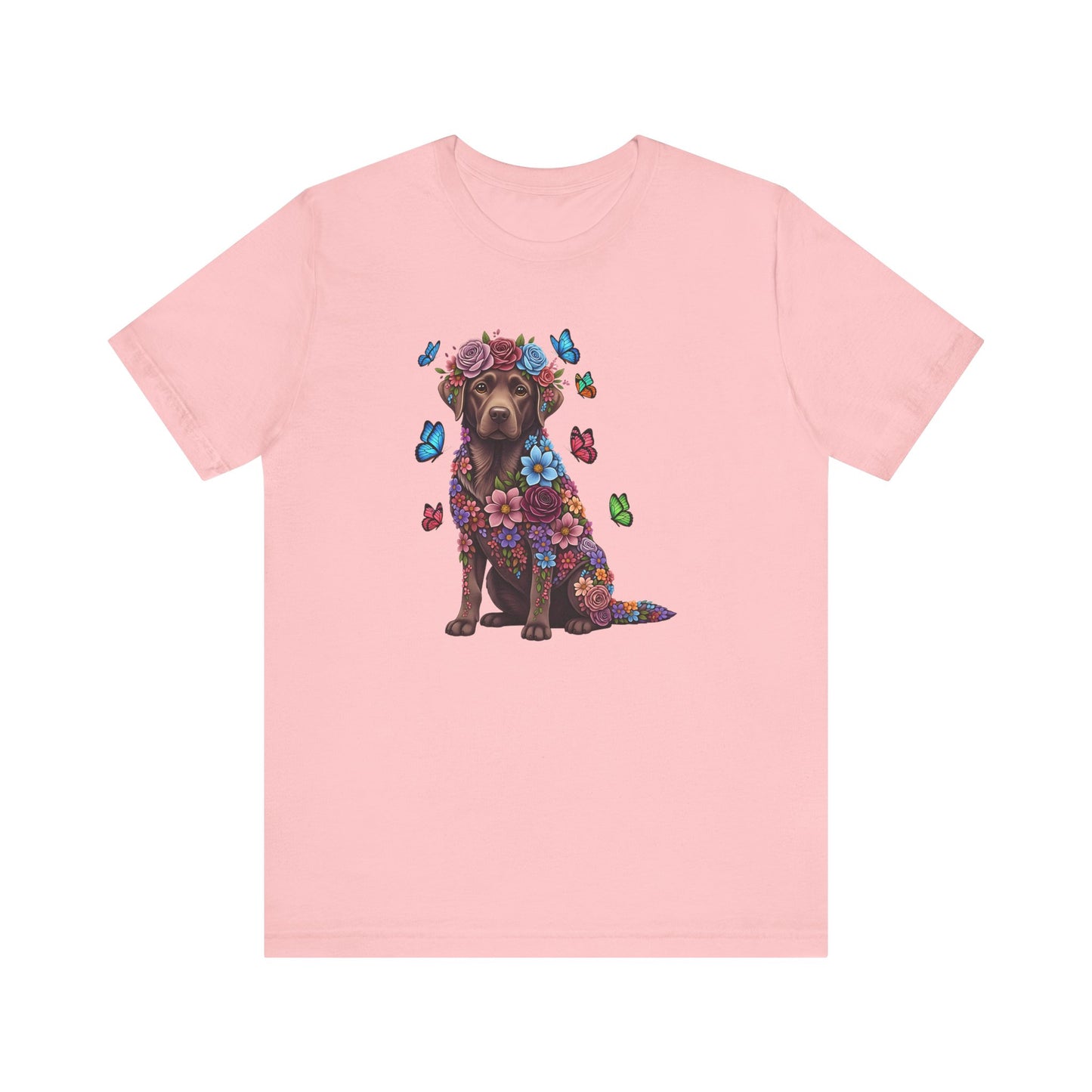 Whimsical Floral Chocolate Labrador Retriever Tee – Colorful Dog Lover Shirt with Butterflies