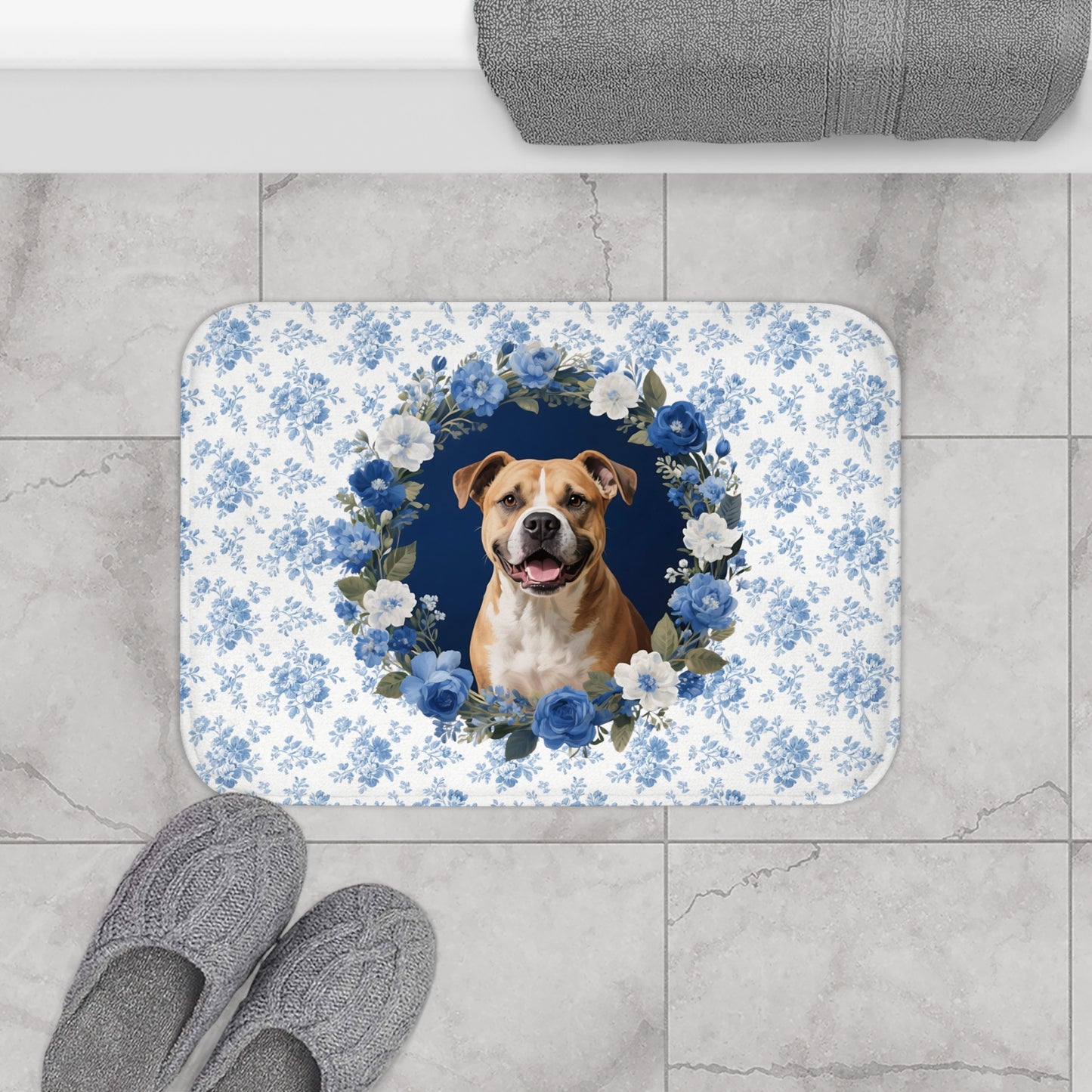 Blue Floral Pitbull Bath Mat – Cute Pitbull Dog Bathroom Rug