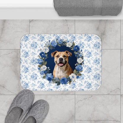 Blue Floral Pitbull Bath Mat – Cute Pitbull Dog Bathroom Rug