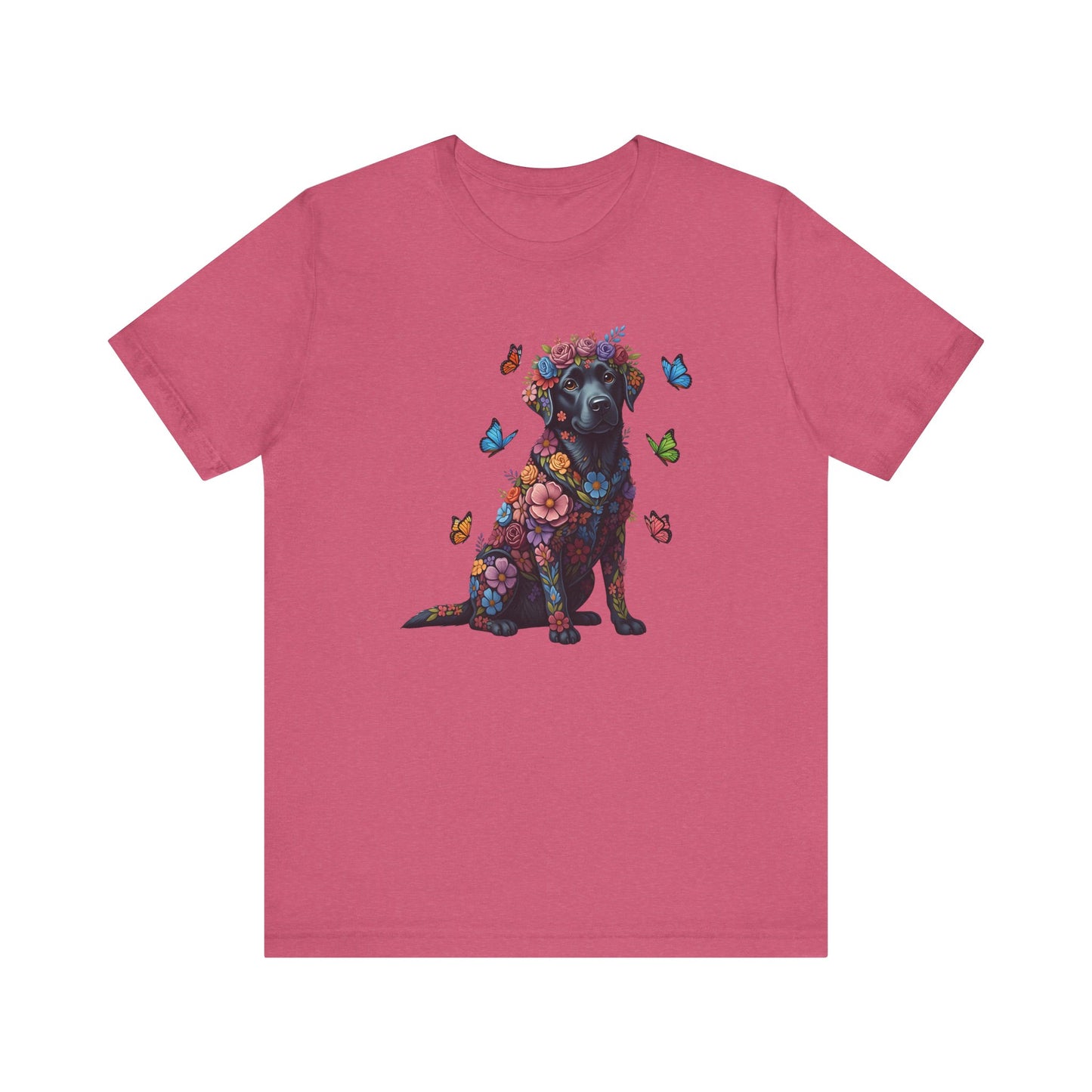 Whimsical Floral Black Labrador Retriever Tee – Colorful Dog Lover Shirt with Butterflies