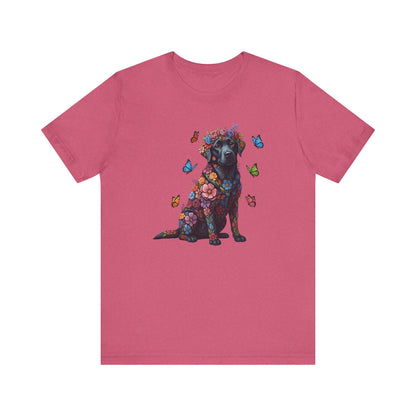 Whimsical Floral Black Labrador Retriever Tee – Colorful Dog Lover Shirt with Butterflies
