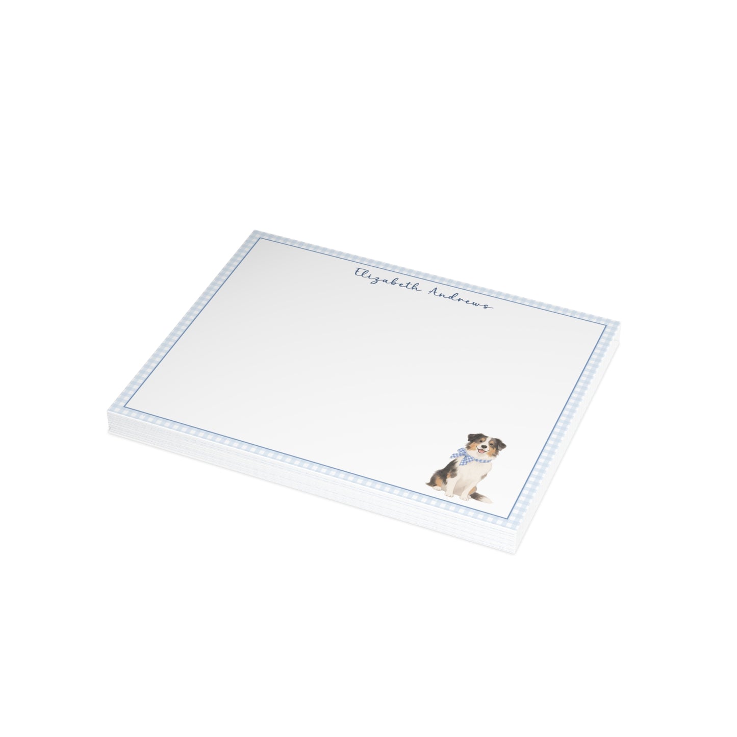 Australian Shepherd Dog Blue Gingham Personalized Notecard Set