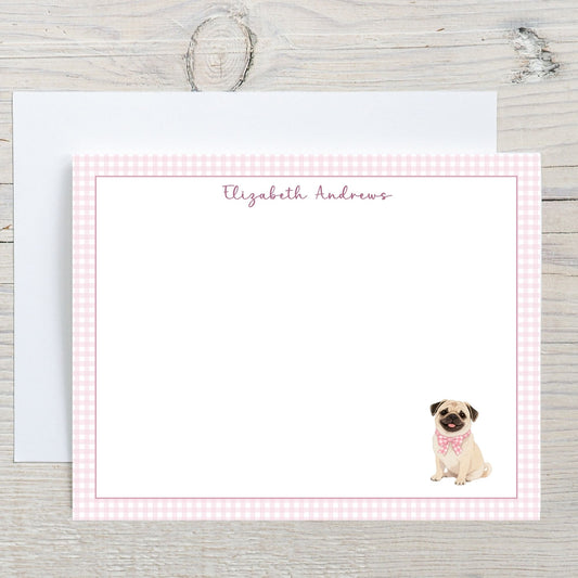 Pug Dog Pink Gingham Personalized Notecard Set
