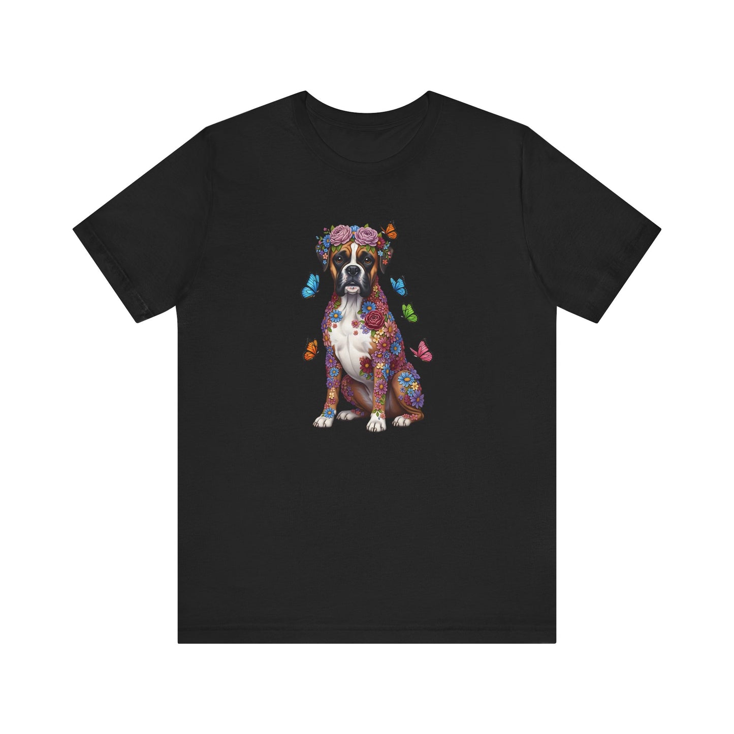 Whimsical Floral Boxer Tee – Colorful Dog Lover Shirt with Butterflies