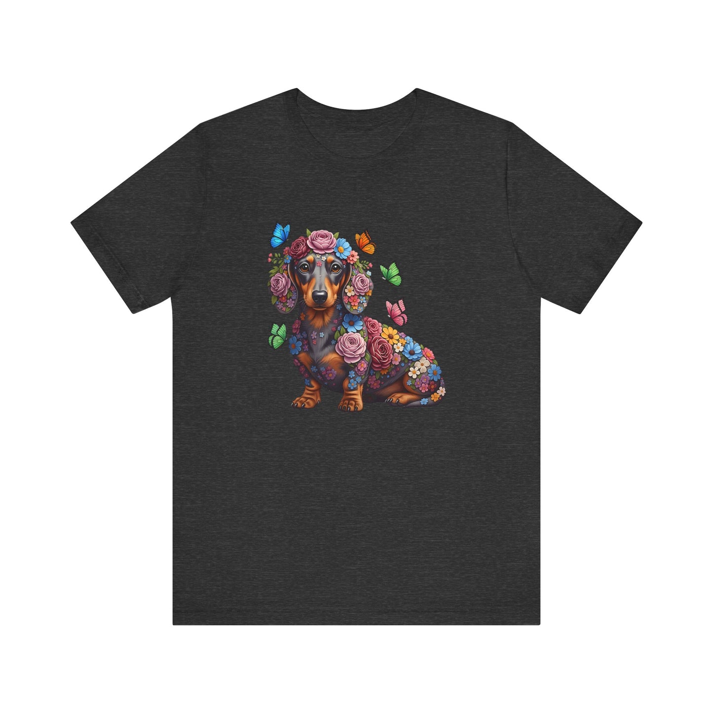 Whimsical Floral Dachshund Tee – Colorful Dog Lover Shirt with Butterflies