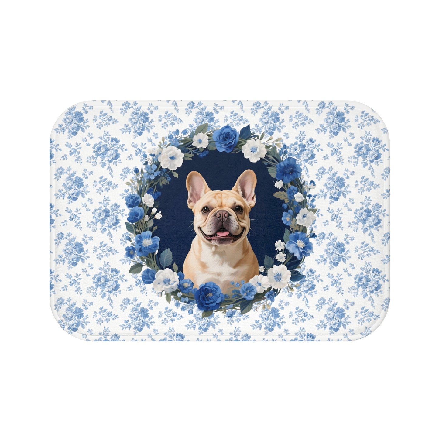 Blue Floral Frenchie Bath Mat – Cute Fawn French Bulldog Bathroom Rug