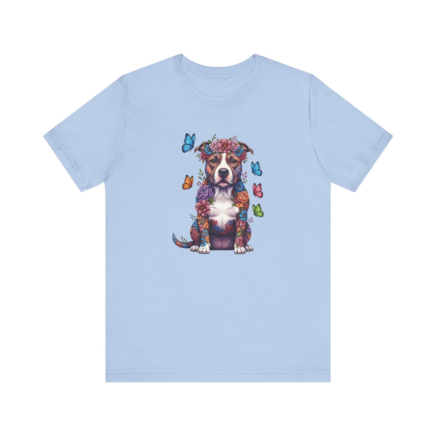Whimsical Floral Pitbull Tee – Colorful Dog Lover Shirt with Butterflies
