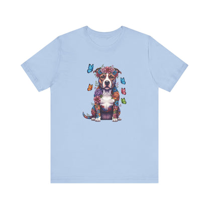 Whimsical Floral Pitbull Tee – Colorful Dog Lover Shirt with Butterflies