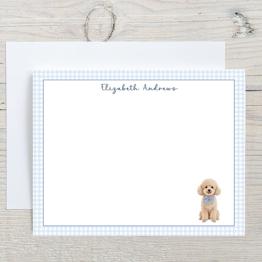 Poodle Dog Blue Gingham Personalized Notecard Set