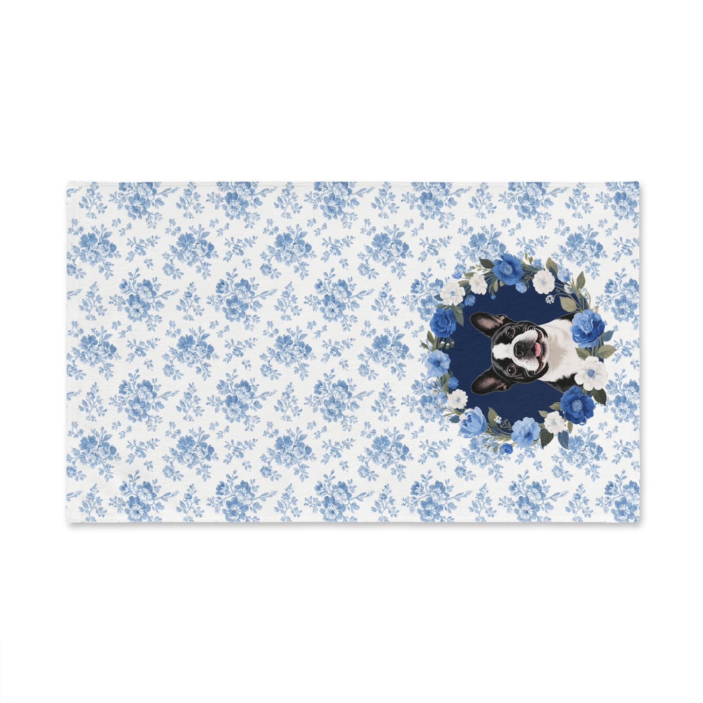 Blue Floral Boston Terrier Dog Portrait Hand Towel – Cute Pet Bathroom Accessory
