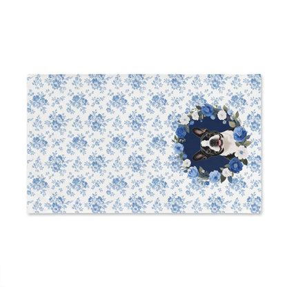 Blue Floral Boston Terrier Dog Portrait Hand Towel – Cute Pet Bathroom Accessory
