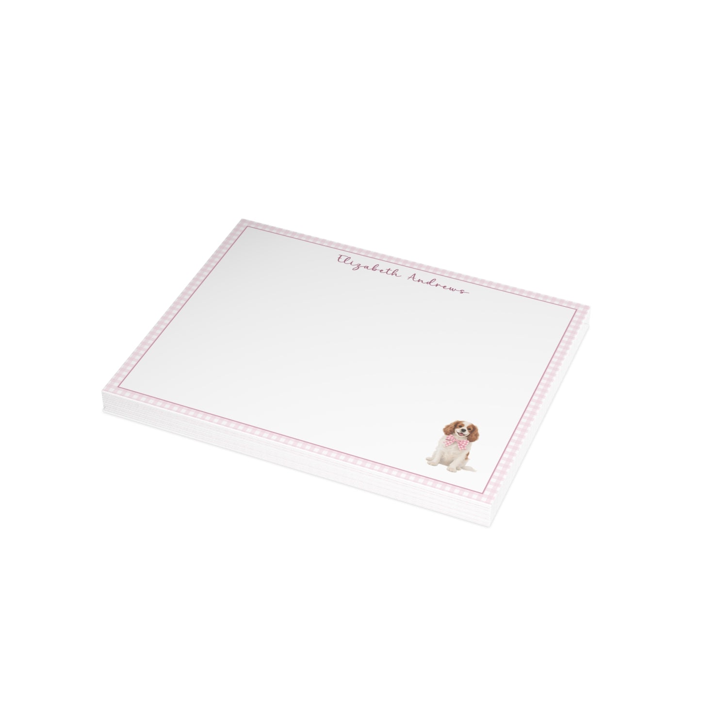 Cavalier King Charles Spaniel Pink Gingham Personalized Notecard Set