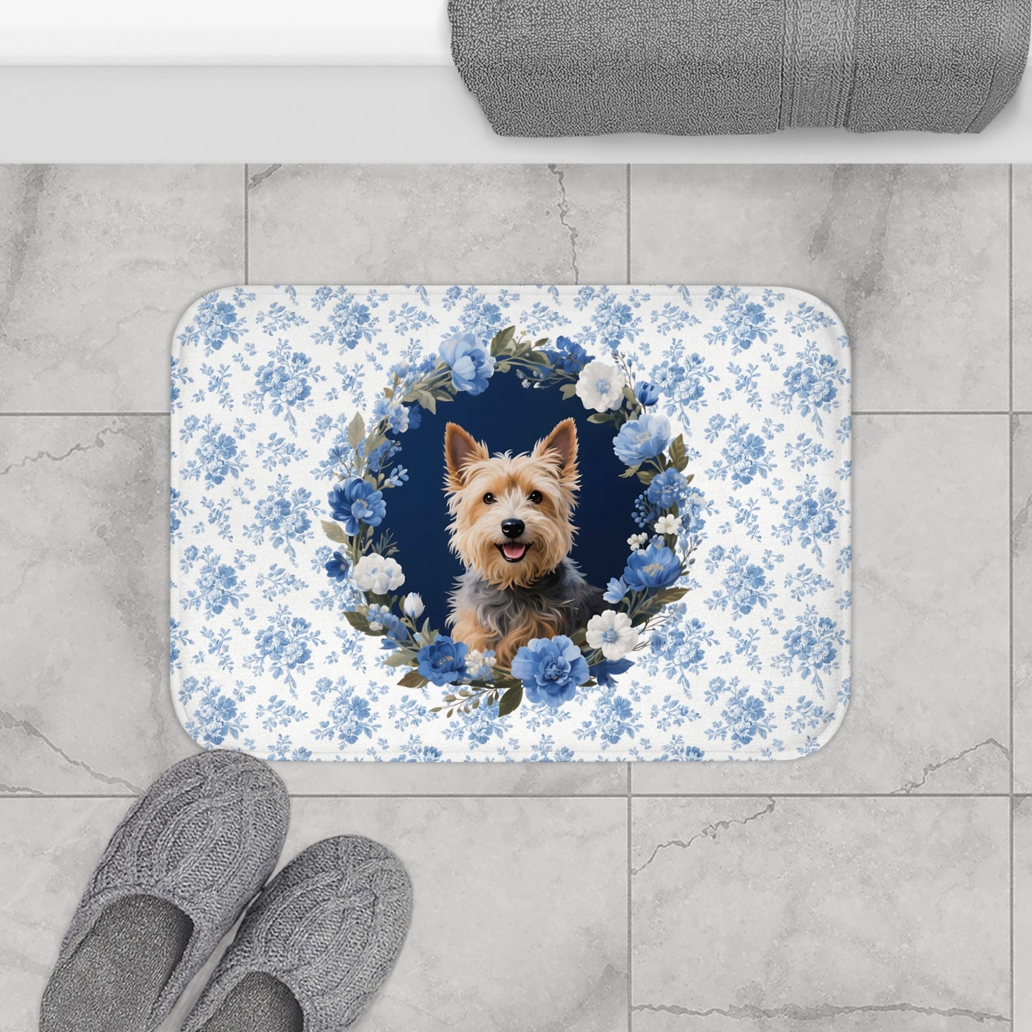 Blue Floral Terrier Bath Mat – Cute Cairn Terrier Dog Bathroom Rug