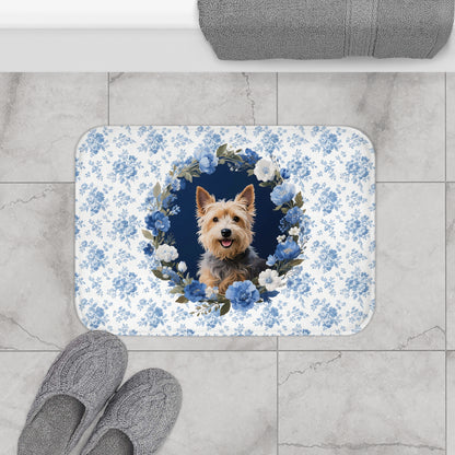 Blue Floral Terrier Bath Mat – Cute Cairn Terrier Dog Bathroom Rug