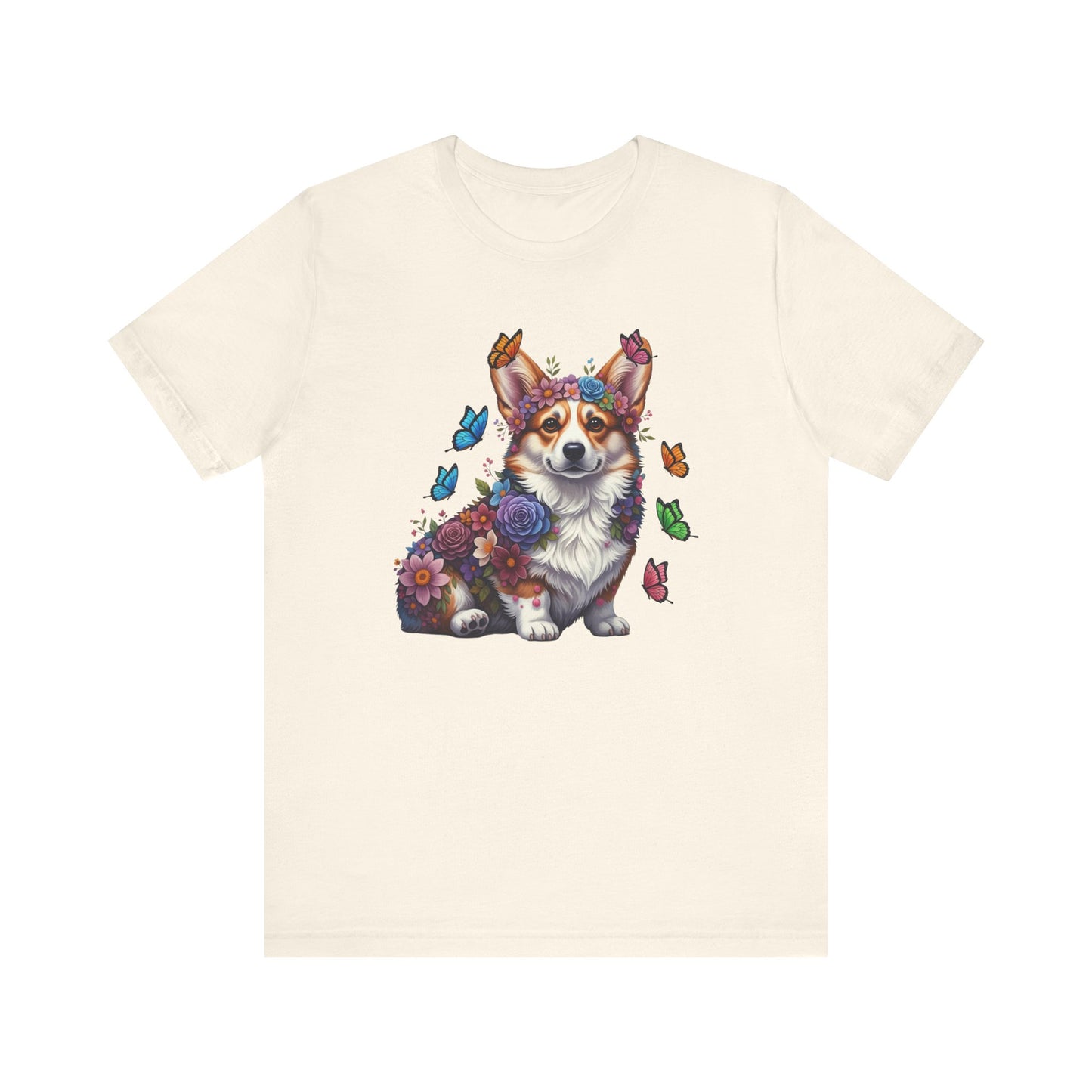 Whimsical Floral Corgi Tee – Colorful Dog Lover Shirt with Butterflies