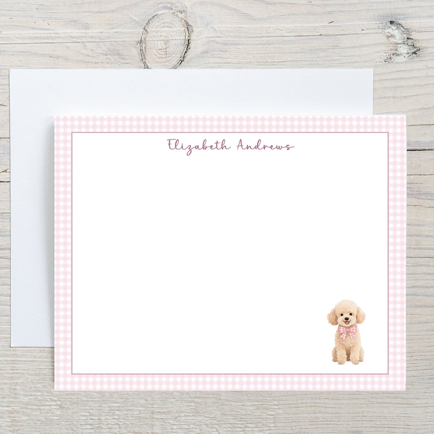 Poodle Dog Pink Gingham Personalized Notecard Set