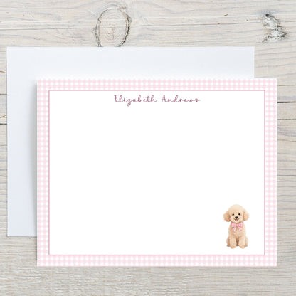 Poodle Dog Pink Gingham Personalized Notecard Set