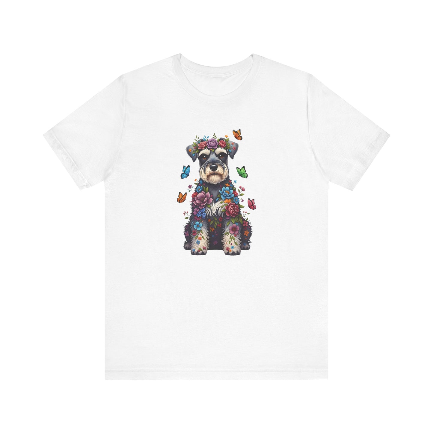 Whimsical Floral Schnauzer Tee – Colorful Dog Lover Shirt with Butterflies