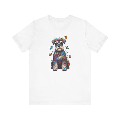 Whimsical Floral Schnauzer Tee – Colorful Dog Lover Shirt with Butterflies