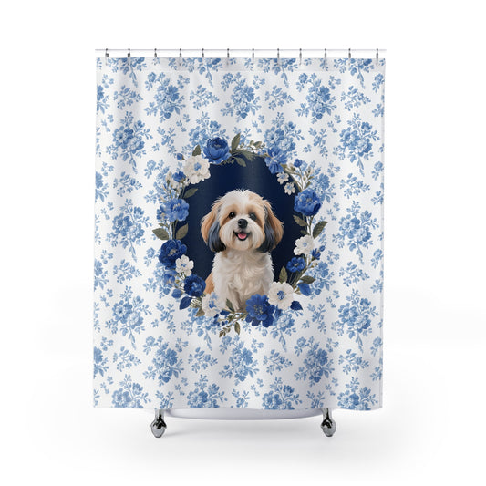 Shih Tzu Dog Blue Floral Shower Curtain – Dog Portrait Bath Decor